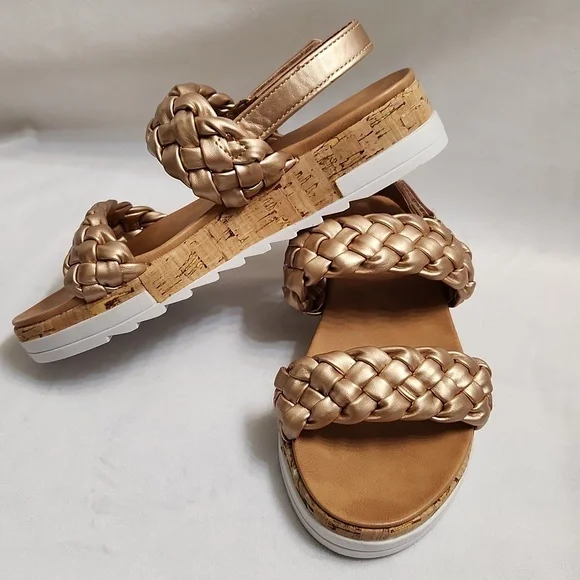 Tahari Gold Open Toe Rope Velcro Closure Cork Heel Summer sandals (girls size 3)